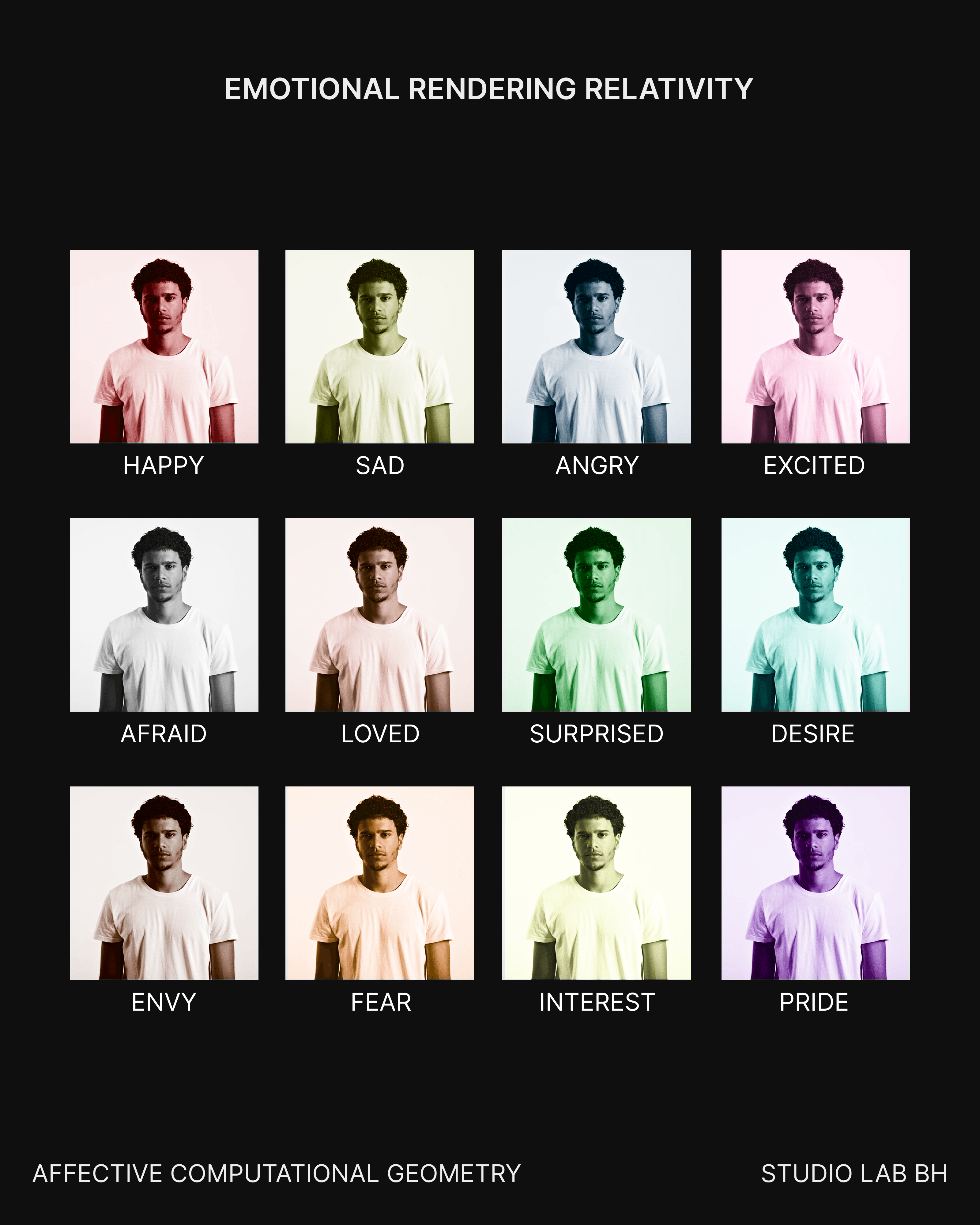 Twelve differently colored versions of one portrait are labeled Happy, Sad, Angry, Excited, Afraid, Loved, Surprised, Desire, Envy, Fear, Interest, and Pride.