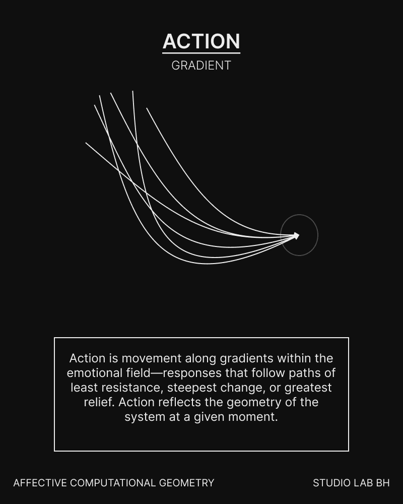 Curved paths converge on a point, illustrating action as movement along gradients within the emotional field.