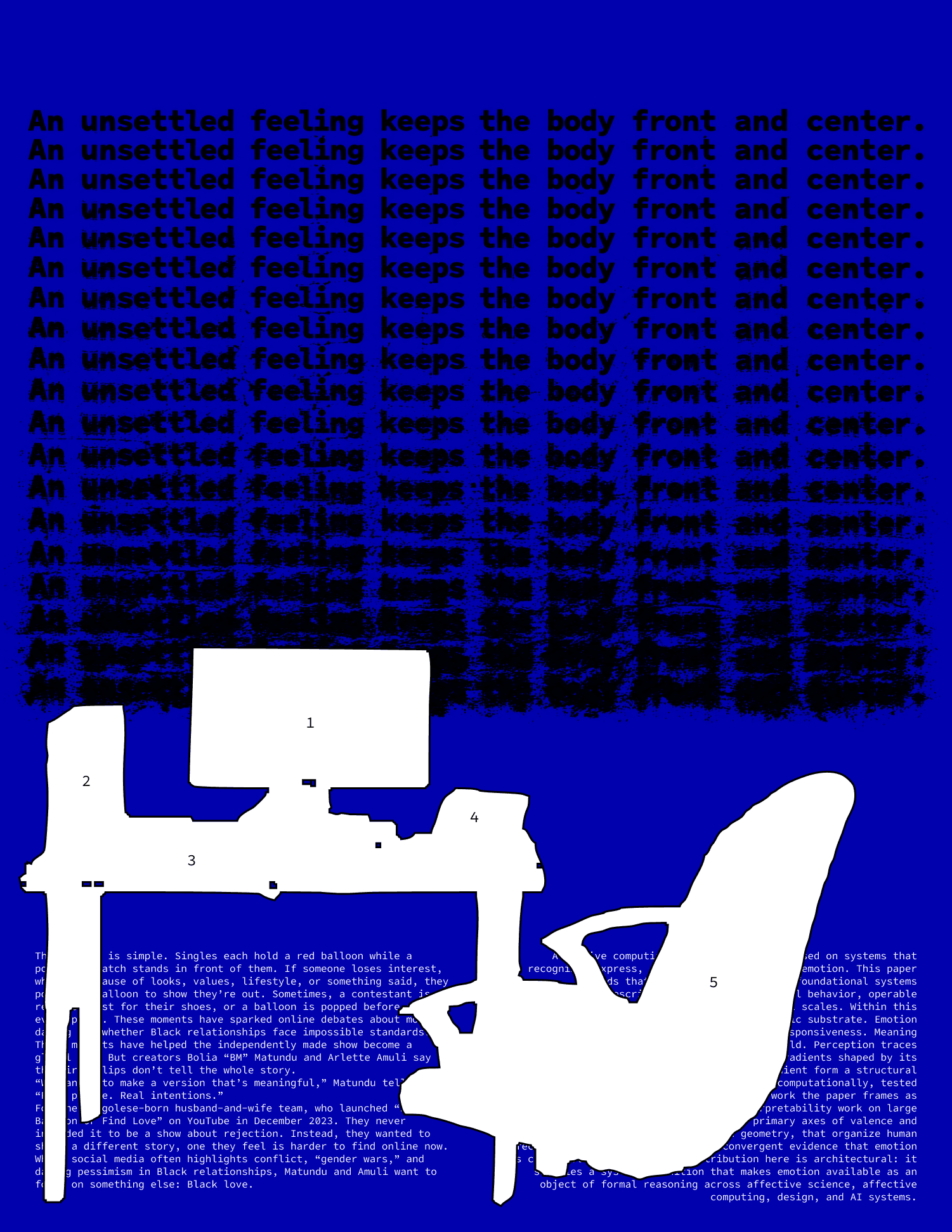 On a vivid blue background, repeated black lines reading An unsettled feeling keeps the body front and center gradually break apart above numbered white silhouettes of a desk, monitor, and chair.