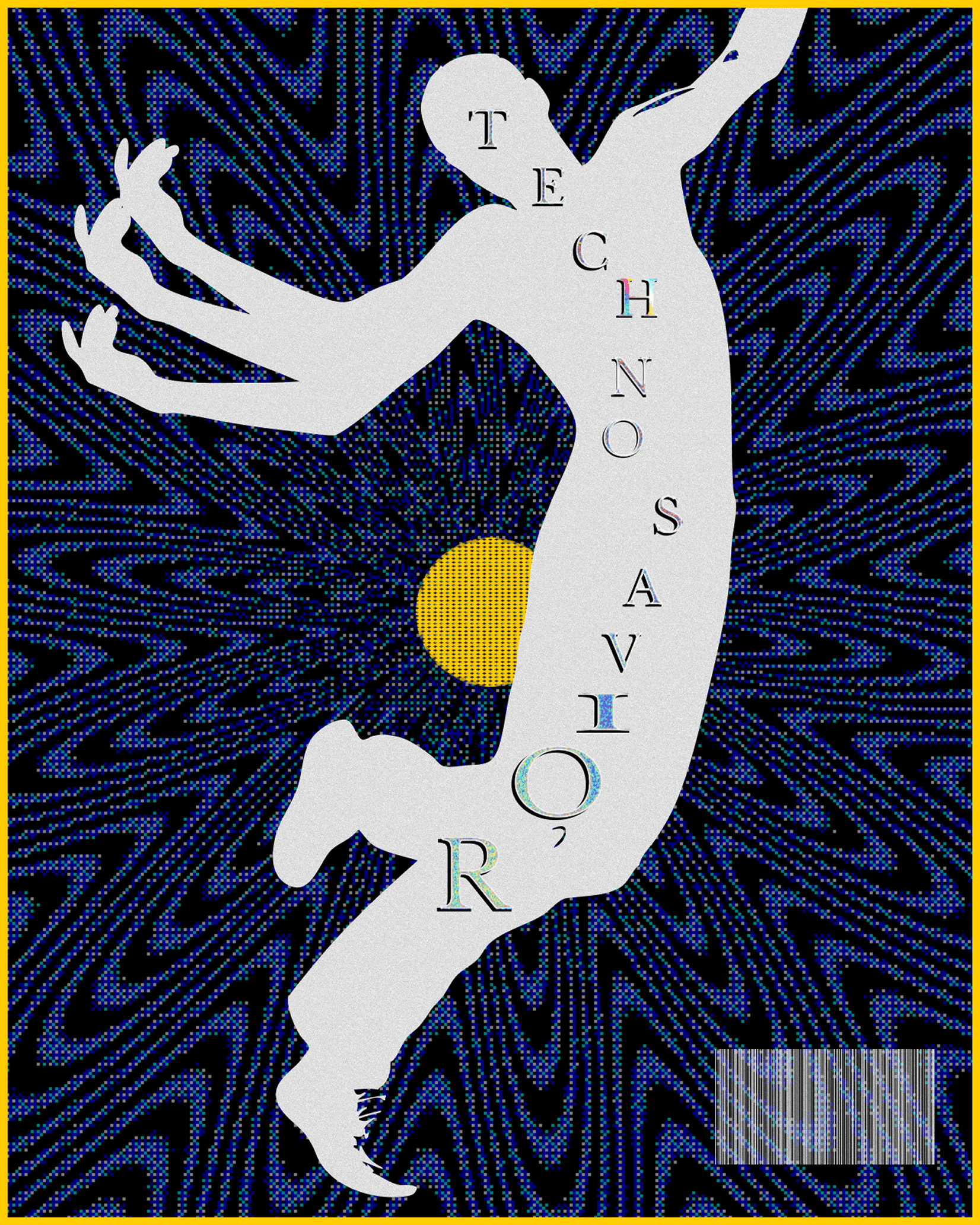 A white, many-armed figure carries the letters of Techno Savior across a blue and green pixel pattern, with a yellow circle and border.