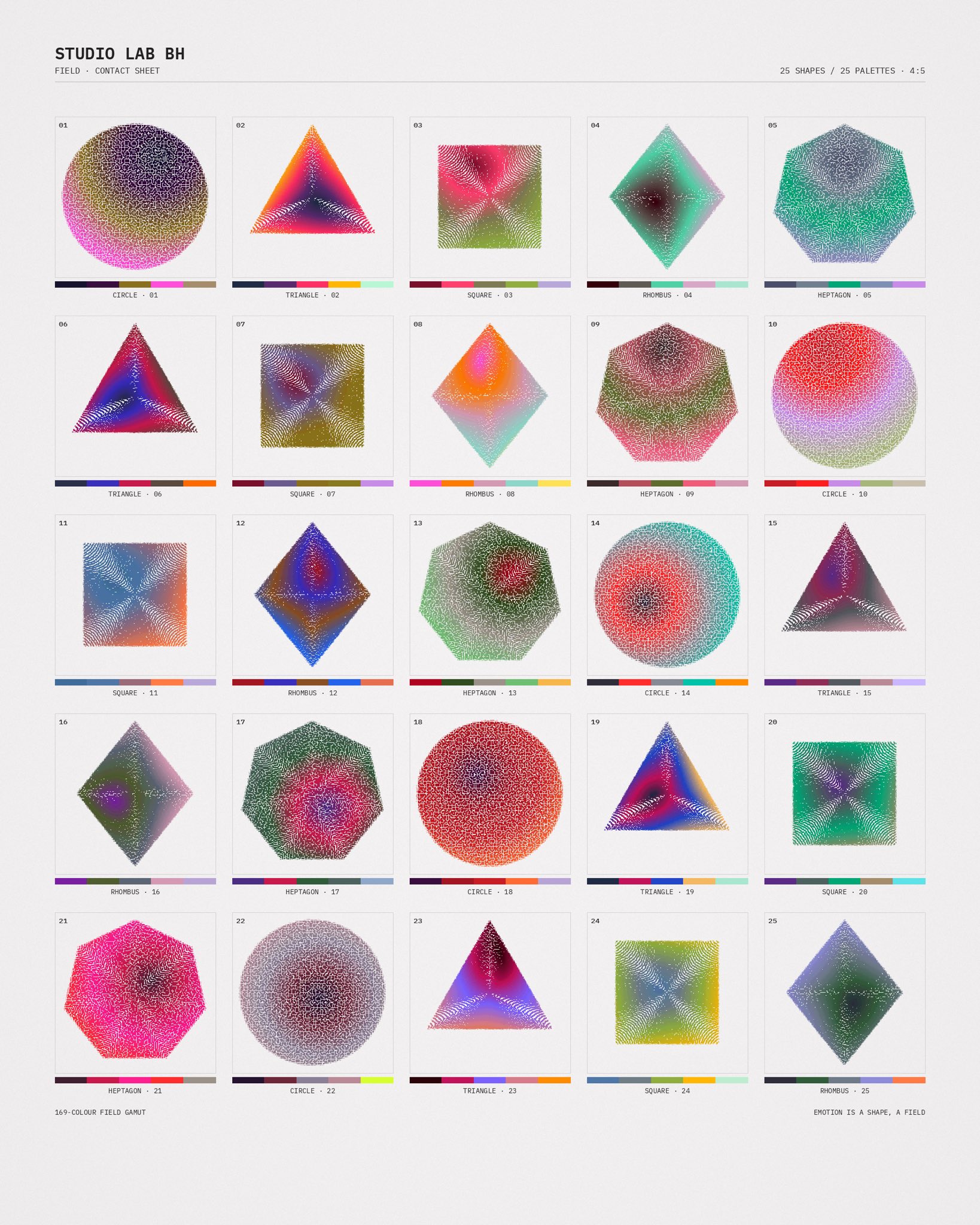 Affective Geometry contact sheet, 25 shapes across 25 palettes